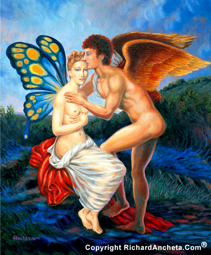 Fantasy serenade figure painting, male with bird wings and lady with the butterfly wings - oil painting by Richard Ancheta.