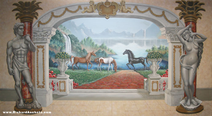 Arch mural painting of symmetry columns - concretes, marbles, walled and tiles with travertine limestone faux painting, columns are designed with figurative of man and woman, two cherub at the center, the deck extension are design trompe-l'il to create depth of perspective, lakes, waterfalls and horses - painting by Richard Ancheta.