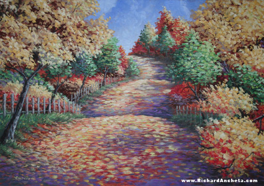 Landscape painting entitled - The Road to Town, an autumn scenery of colorful trees and leaves, rough road perspective, thirds composition - oil painting on canvas by Richard Ancheta.