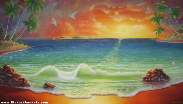 Seascape sunset painting in a shoe seashore with waves splashing, torquise blue green waters, golden colorful sun, exotic coconut trees and white birds - oil painting on canvas by Richard Ancheta.