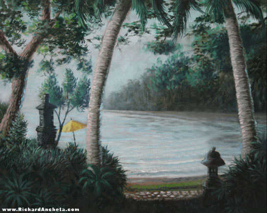Seascape painting with foggy seashore of coconut trees and garden - oil painting on canvas by Richard Ancheta.