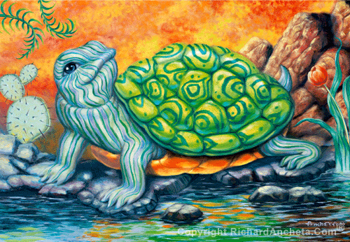 Turtle with green artilaginous shell, spotted with circular line design, the purple skin is lined with stripes, backgrounds of yellow-orange rough textures, rocks, cactus and leaves - oil painting by Richard Ancheta.