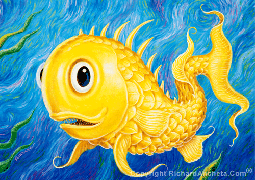 Pineapplefish with large head, with mucous pits bordered by rough ridges and is armored with heavy bone, armor-like scales with sharp backward-pointing spines, the snout is blunt and overhangs the wide mouth and tiny teeth - oil painting on canvas by Richard Ancheta.