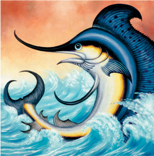 Swordfish or billfish with large blue eyes, long flat bill like a sword, reflector silver-blue-black skin-scales with sharp backward-fan spines spotted with black, painted on surface of the sea with curve tides decorations - oil painting on canvas by Richard Ancheta.