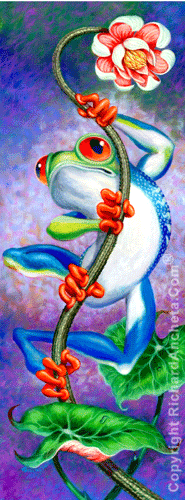 Vine frog with skin shinny colors of blue, yellow-green and texture at back, the eyes are wide luminous red-orange same as the hands and feet, frog climbing at the flower vine with taro leaves - oil painting by Richard Ancheta.