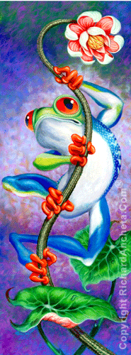 Vine frog with skin shinny colors of blue, yellow-green and texture at back, the eyes are wide luminous red-orange same as the hands and feet, frog climbing at the flower vine with taro leaves- oil painting by Richard Ancheta.