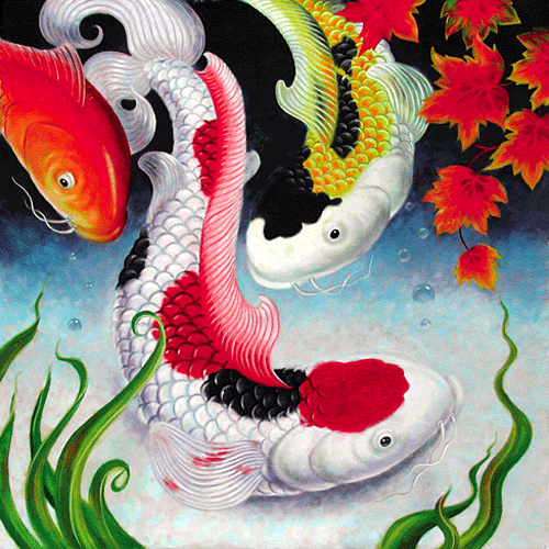 Three koi fish with coloration, patterning and scalation of colors with white, black, red and yellow, background with textured gradations of black and blue - oil painting by Richard Ancheta.