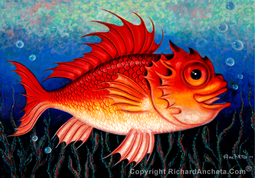 Scorpionfish red fish with wide eyes and like a circular saw face, with 12 sharp spines dorsal fin and define reflector scales, texture backgrouns and puffing bubbles - oil painting by Richard Ancheta.