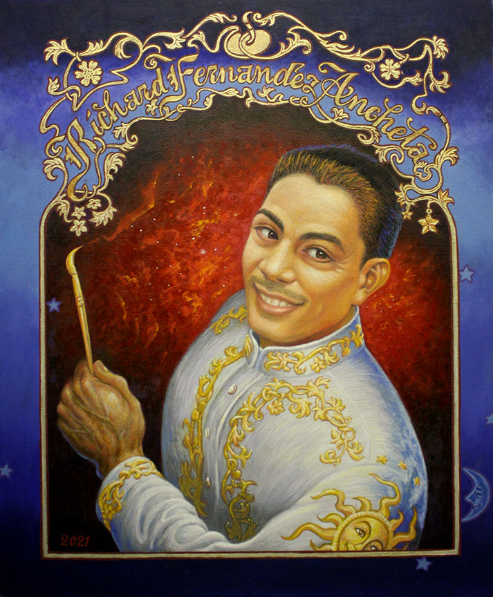 Richard Fernandez Ancheta - oil portrait golden decor on canvas - self portrait with calligraphy artist crest logo in gold, painting nebula with sun, earth, moon and stars decorations.