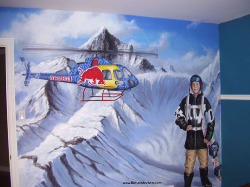 Boys room mural painting snowboarding portrait by Richard Ancheta.