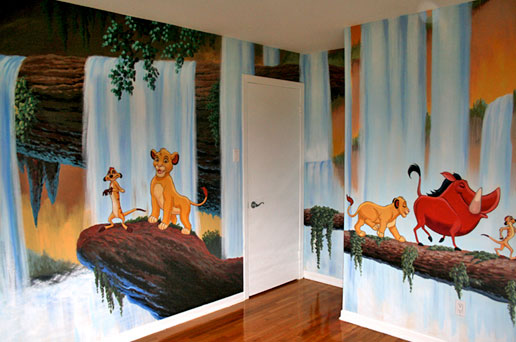 Nursery mural painting with water falls, decorated with cartoons of baby lion, meerkat and warthog.