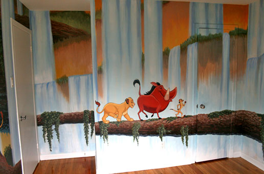 Nursery Mural Painting with water falls, decorated with cartoons of baby lion, meerkat and warthog.