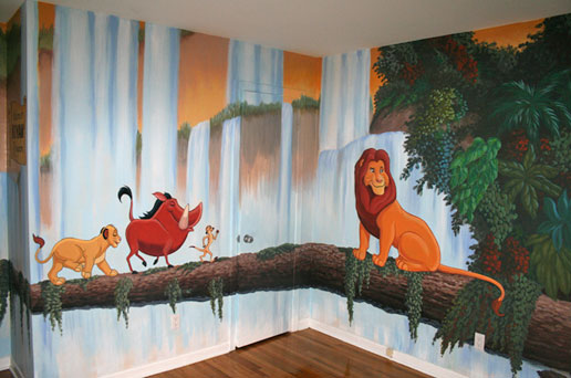 Nursery Mural Painting with water falls, decorated with cartoons of lions, meerkat and warthog.