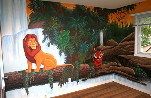 Nursery Mural Painting with colors hue of hot olors red, orange harmoninize with cool colors greens and torquoise, decorated with lion and wathog.