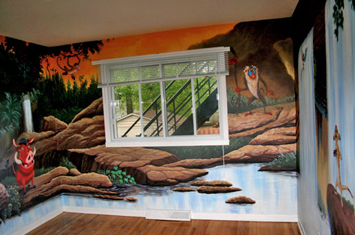 Nursery Mural Painting with the  window side painted with rock formations creating triangle composition with a spot cartoons of monkeys.