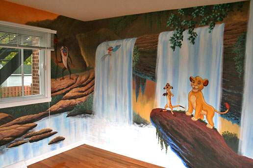 Nursery Mural Painting with backgrounds of earth tone browns to advance the water falls.