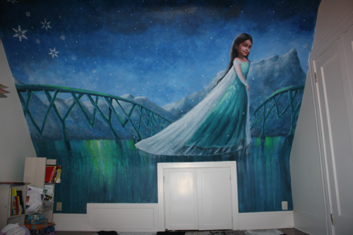 Children mural painting with costume portait of Princess Elsa by Richard Ancheta - Montreal.