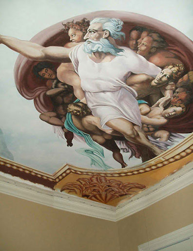 The Creation of Adam by Michelangelo Buonarroti - Renaissance mural painting reproduction ceiling installation - Montreal