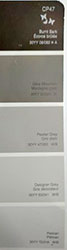 Colors paint swatches - burnt bark grey, grey mountain, pewter grey, desiner grey, pelican grey.