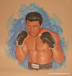 Muhammad Ali boxing portrait mural painting by Richard Ancheta - Montreal.