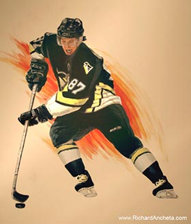 Sidney Grosby hockey portrait mural painting by Richard Ancheta - Montreal.