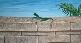 Stone fench faux painting, textures impressions of the existing fench with lizard by Richard Ancheta - Montreal.