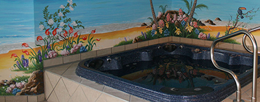 Jacuzzi exotic flower decorations of calla lilies, rosal, rose, violets, orchids, ferns, toucan, driff wood,  coconuts paintings at the coastline by Richard Ancheta - Montreal. 