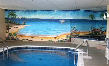 Swimming pool mural oil painting with Caribbean seascapes and exotic sceneries by Richard Ancheta - Montreal.