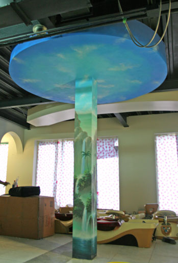 Column painted with sky and waterfalls in 4D effect.
