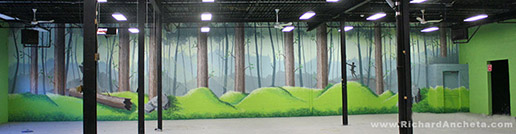 Sports showroom forest landscape painting mural 75ft. x14ft.  by Richard Ancheta - Montreal.