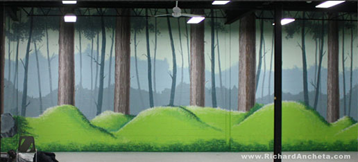 Sports showroom forest landscape painting mural - process stage.