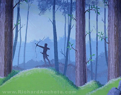Sports showroom forest landscape painting mural - rule of thirds composition.