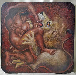Square table and rounded corners with oil painting of Hercules
				   fighting the lion.
