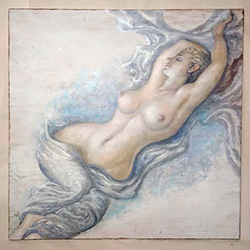 Square table with  decorative figure of nude lady painting.