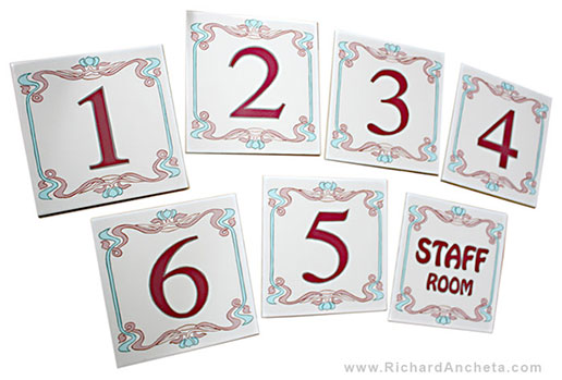 Art Nouveau style - hand painted ceramic tile decoration for room decor numbering.