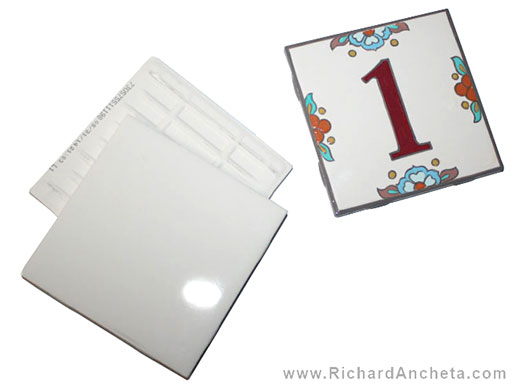 Ceramic tile decoration, hand painted numbers for room decor numbering.