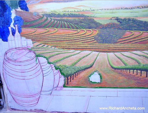 Wine Cellar Mural Painting - Tuscan Vineyard - Stage 2 - Processing the rendition of painting from background to foreground and masking details in separating clean overlapping of objects layers.
