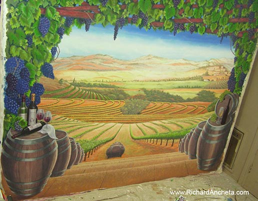 Wine Cellar Mural Painting - Tuscan Vineyard - 90 x 105 inches acrylic on canvas, Lakeview - Montreal by Richard Ancheta.