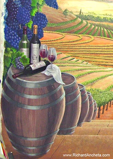 Wine Cellar Mural Painting - Tuscan Vineyard -  Details of painting circles and ellipse in the deep perspective.