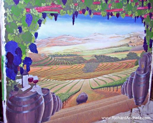 Wine Cellar Mural Painting - Tuscan Vineyard - Final Stage - Detailing, balancing the hot vs. cool color harmonies and finalizing every details.