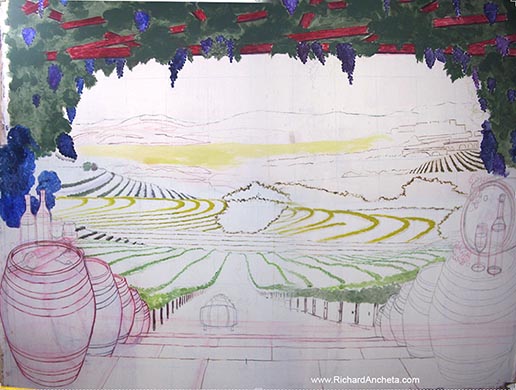 Wine Cellar Mural Painting - Tuscan Vineyard - Stage 1 - Drawing  accurate outline sketches in one point perspective with key color tones and base colors.