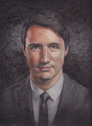 Oil portrait Flemish painting technique - first  color glaze - artist model Justin Trudeau