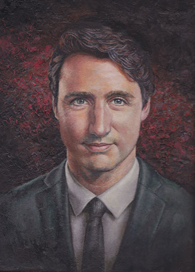 Oil portrait Flemish painting technique - 
Color hue : cadmium red combination to subdued phthalo turquoise - second color layer, artist model Justin Trudeau.
