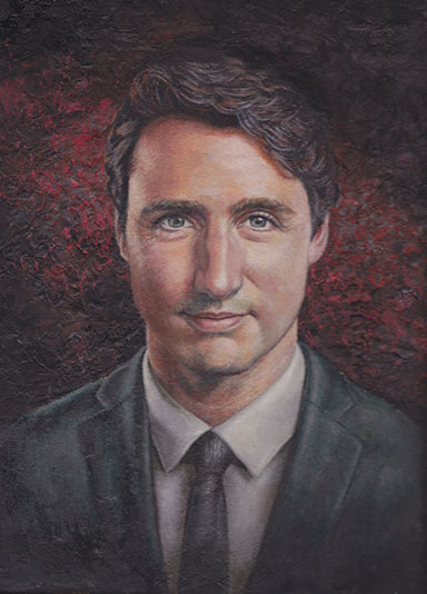 Oil portrait Flemish painting technique -
Color hue : cadmium red combination to subdued phthalo turquoise - second color layer, artist model Justin Trudeau.