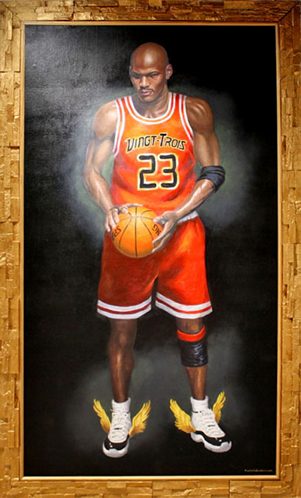 Michael Jordan with golden wings, oil painting on canvas by Richard Ancheta