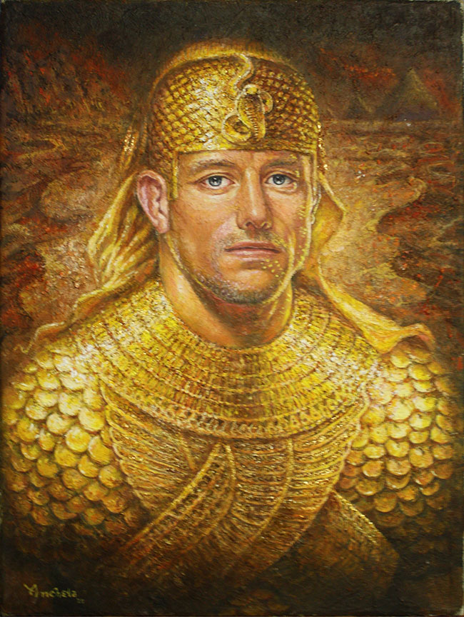 Oil portrait, golden_armor, portrait of George St-Pierre with golden armor , chiaroscuro painting technique by Richard Ancheta - Montreal