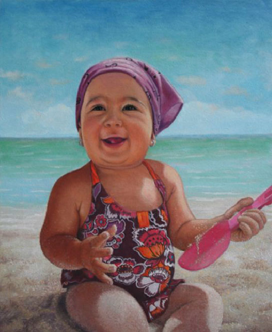 Portrait of Olivia,baby,sky,aea & sand -
Oil on Canvas by Richard Ancheta, Montreal