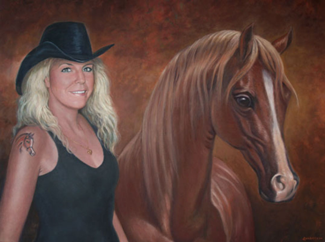 Oil portrait of a lady and arabian horse painted by Richard Ancheta