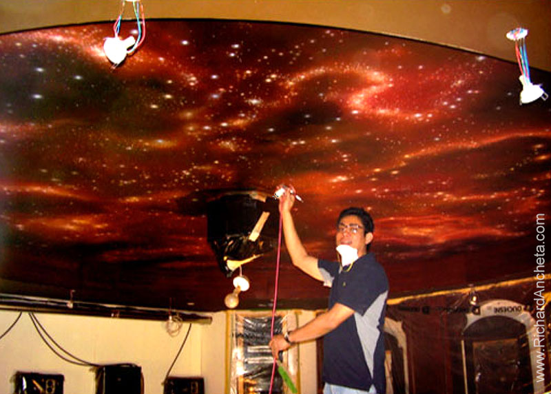 Home cinema cosmic ceiling airbrush painting  by Richard Ancheta - Montreal.