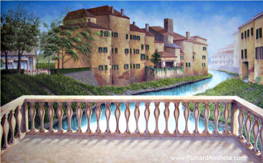 Tuscan terraces with river view, trompe-lœil mural by Richard Ancheta - Montreal.